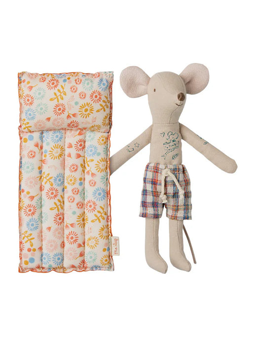 Papa souris de plage sur son matelas - Fleurs